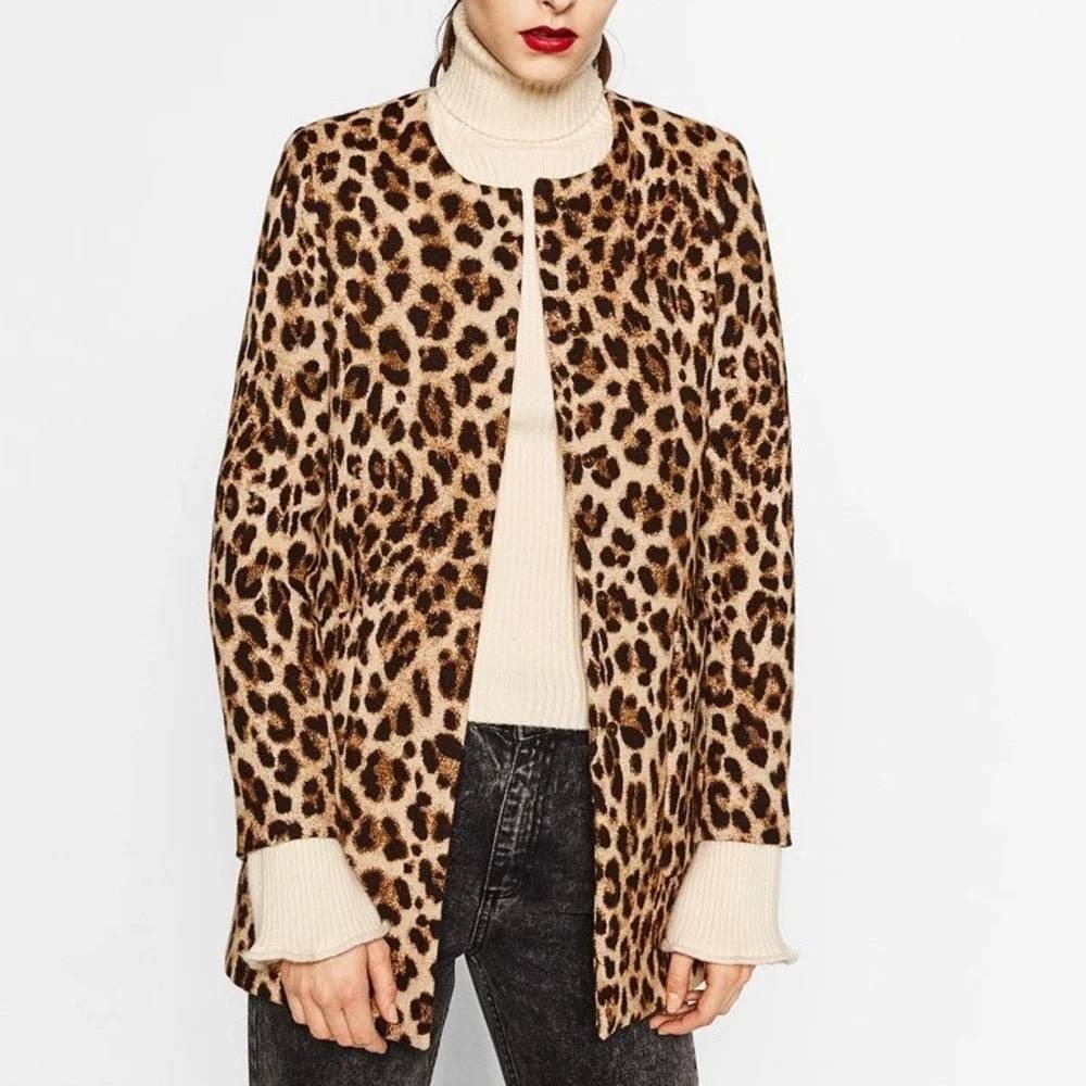 Zara Leopard Print Blazer Woven Jacket Small Animal Print Snap Front Collarless